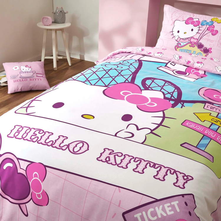 Taç Lisanslı Hello Kitty Travel Pamuk Tek Kişilik Nevresim Takımı - 1000046691 resim detay